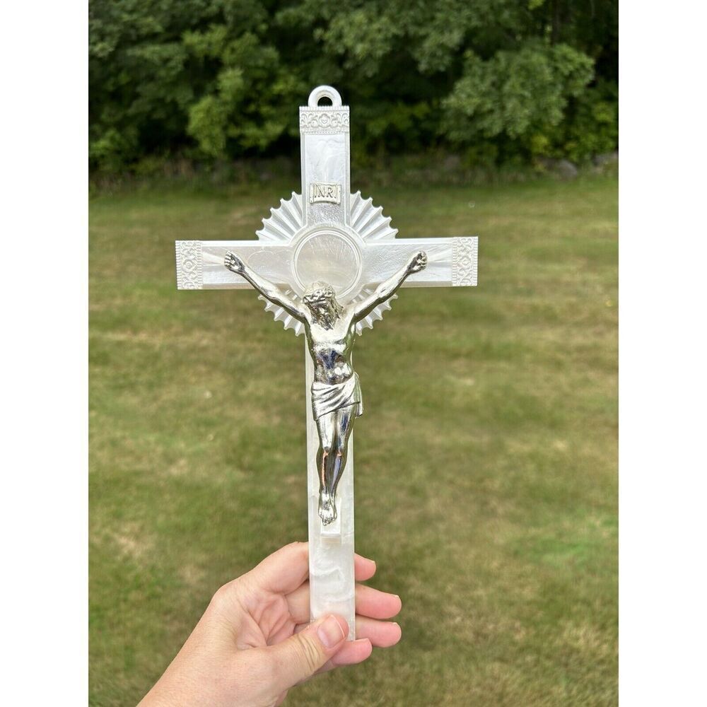 Vintage Pearl White Crucifix Lucite Cross White Jesus RELIGIOUS, FAITH